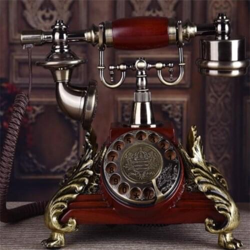European Antique Rotary Dail Fixed Telephone American Retro Office Home Solid Wood Touch Dail Landline Phone