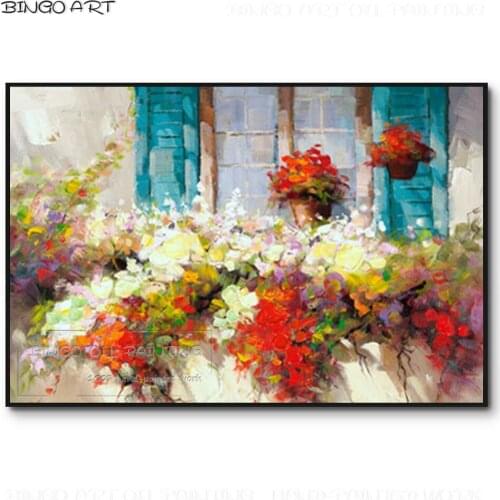 Rich Colors Flower in Front of The Window Oil Painting Hand-painted Colorful Art Vase Flowers Oil Painting for Wall Decoration