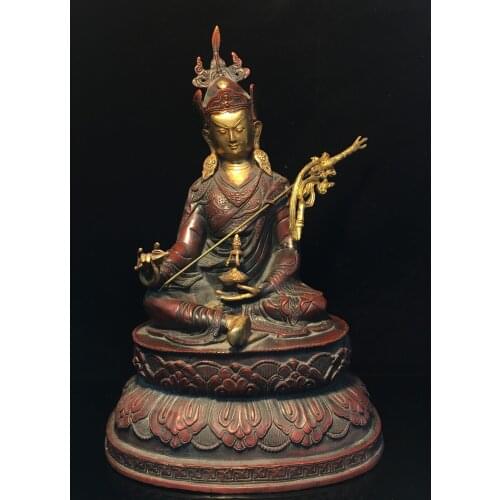 15"Chinese temple collection Old Bronze Gilt Real gold Padmasambhava sit Lotus Terrace Buddha statue Ornaments Town House