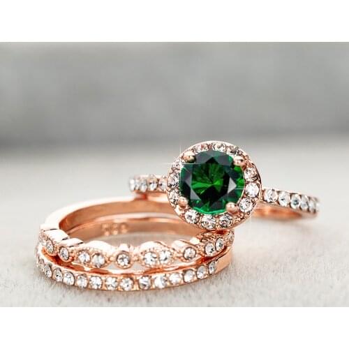 New High Quality 3Pcs/Set Green Stone Crystal Engagement rings for Women Rose Gold Zircon Vintage Bridal Wedding ring Jewelry