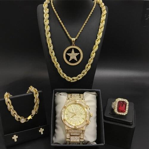 Hip Hop Men Gold Color Cuban Neckalce & Watch & Braclete & Ring & Earrings Combo Watch Set Ice Out Cuban Jewerly Hip Hop For Men