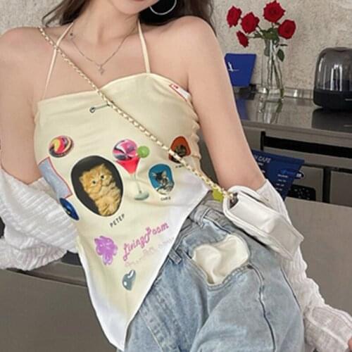 Halter Lace-Up Camis Irregular Hem Tube Tops Womens Streetwear Tops Mixing Pattern Print Tank Camis Femme Beige Tank Vests