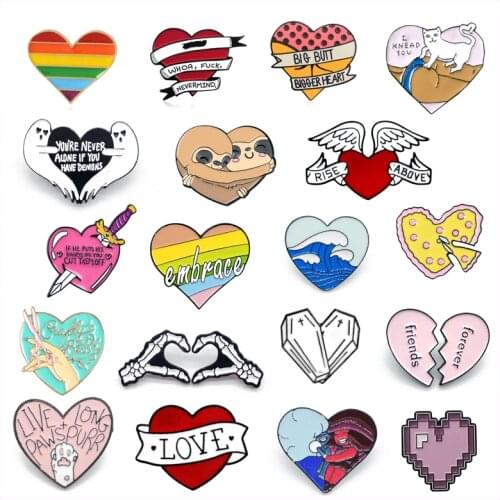 Cartoon Pink Love Heart Pin Animal Skeleton Wave Wings Pizza Dog Colored Brooch Clothes Accessories Jewelry Gift For Best Friend