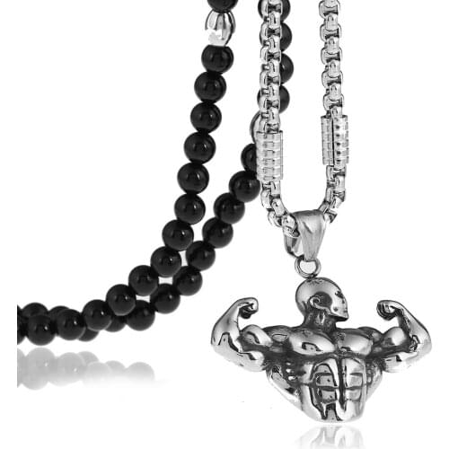 Muscle Men Sport Gym Fitness Bodybuilding Pendant Necklaces with Black Natural Stone Beaded Necklace 27inches