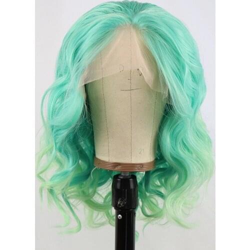 Mint Green Ombre Color Natural Wave Hairline Synthetic Lace Front Hair Wigs Blue Yellow Mixed Short Curly HD Lace Frontal Wigs
