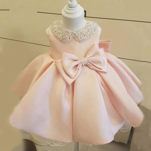 New Fashion Beaded Bow Flower Girl Dresses For Wedding Princess Fluffy Tulle Baby Girls Baptism Christening 1st Birthday Gown