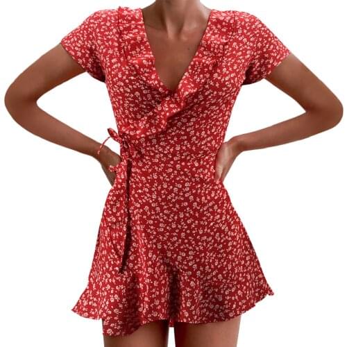 Women Floral Wrap Dress High Waist Lace Up Front Ruffle Mini Dress Summer Office Lady V-Neck Printed Pencil Dress For Women