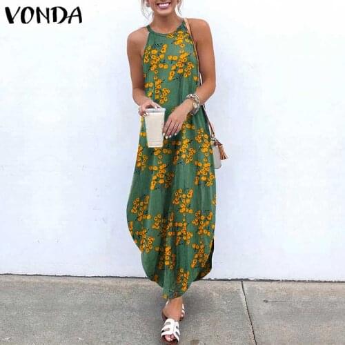 Women Summer Sundress VONDA Bohemian Floral Printed Long Dress Elegant Sleeveless Loose Party Vestidos Halter Dresses Robe S-5XL
