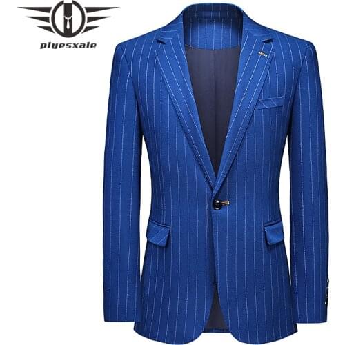 Stylish Mens Slim Fit Blazer Jacket High Quality Men Blue Stripe Blazer Spring Autumn Back Two Splits Formal Dress Blazers Q1310