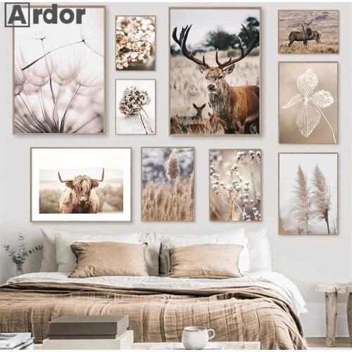 Dried Flower Reed Plant Dandelion Wall Art Poster Painting Natural Cow Deer Canvas Print Nordic Wall Pictures Living Room Decor