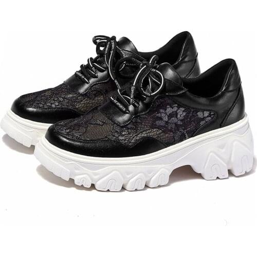 Women Lace Up Genuine Leather Chunky High Heels Platform Pumps Shoes Female Breathable Round Toe Fashion Sneakers Casual Shoes