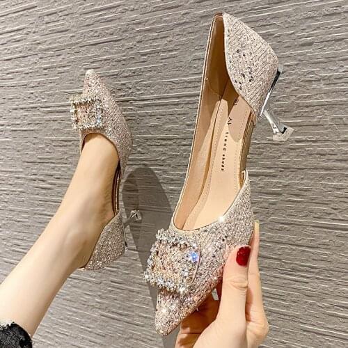 High Heels Womens Pumps New Korean Side Air Rhinestone Mid-heeled Shoes Wedding Dress Banquet Fashion Shoes Female Pointed Toe
