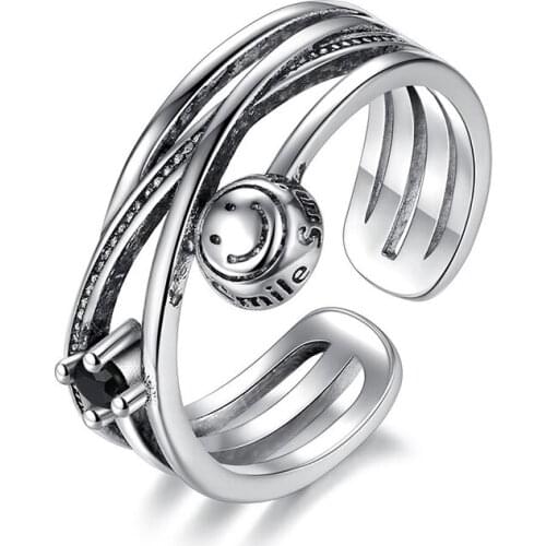 Punk Hip Hop Smile Face Rings For Men Women Black CZ Stone Distressed Ancient Silver Color Geometric Open Ring Accessories Gifts