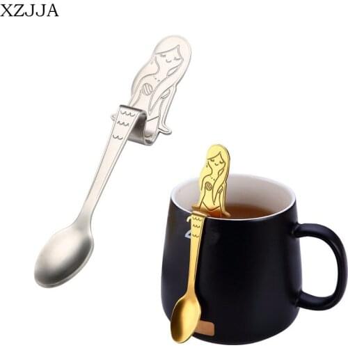 XZJJA 1Pcs Beautiful Mermaids Coffee Tea Spoons Stainless Steel Ice Cream Teaspoon Creative Mixing Spoons Dessert Hanging Scoops