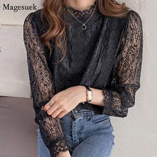 Spring Fashion Stand Collar Embroidery Lace Shirt Women Mesh See Through Sexy Floral Blouse Femme Office Lace Ladies Tops 10969