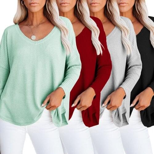 Womens T-Shirt 2021 Spring and Autumn Solid Color V-Neck Long Sleeve Tops Casual Loose Fashion Irregular Pullover Tee