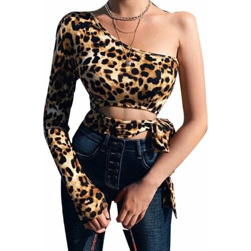 One Shoulder Sexy Women Tops Leopard Print Lace up T-shirts Summer Tops