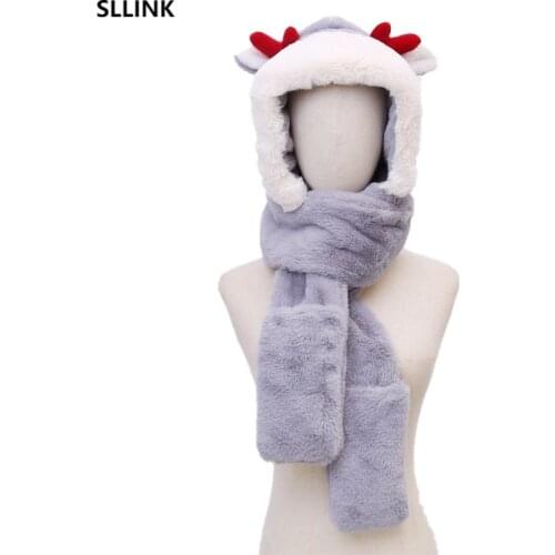 Deer Hat Thick Windproof Cold-Proof Womens Winter Thickened Cute Plush Warm Integrated Ear Protection Gloves Three Scarf hats