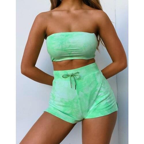 New Product Tie-dye Womens Tube Top Sexy Set, Slim Fit, Chest-wrapped Shorts, Fitness Sports Suit, T-shirt, Women