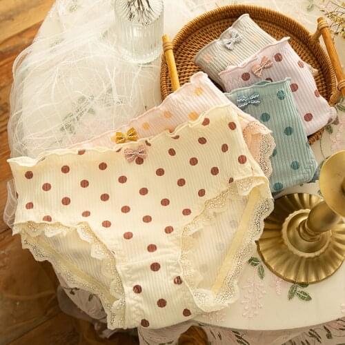 Womens Cotton Underwear Sexy Lace Panties Fashion Summer Dot Comfort Briefs Mid Waist Seamless Bow Underpants Female Lingerie