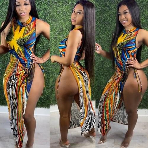 2021 Hot Summer Women Party Dress Sleeveless O-Neck Fashion Colorful Print Side Split Lady Ankle Length Dresses New Arrivals