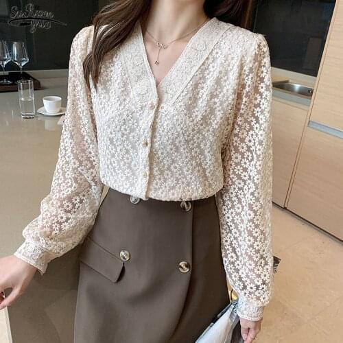 2021 Spring Summer New Elegant Tops Shirt Women Korean Style V-Neck Lantern Sleeve Embroidered Lace Mesh Blouse Plus Size 13967