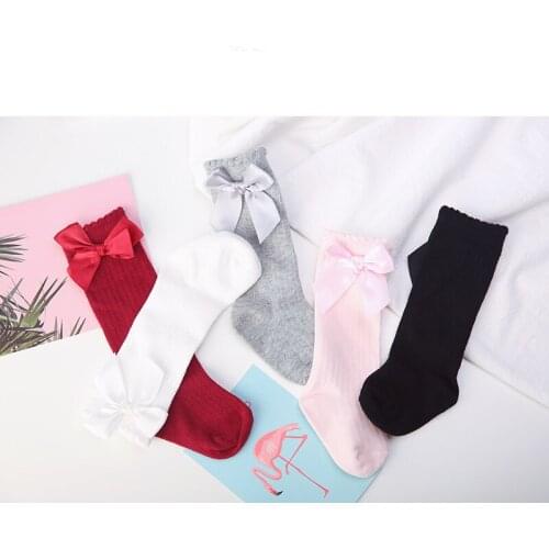 0-4Y Baby Spring Autumn Cotton Solid Socks Bowknot Cute Stockings Childrens Pure Color Knee Socks Girls Stockings