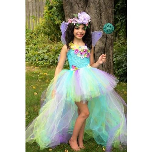 Kids Princess Flowers Rainbow Tutu Dress Baby Long Tail Fairy Costume Girls Colored Wedding Ball Gown Baby Party TUTU Clothing