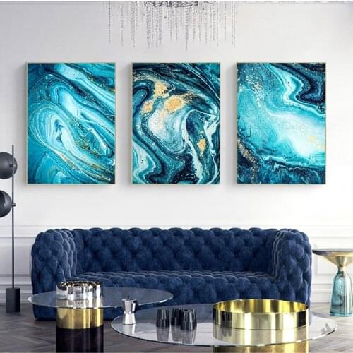 Board Wood Triple Wall Hanging Abstract Drawing Board For Home Decoration Nordic Style Painting Ocean Blue Gold Wall Art Canvas