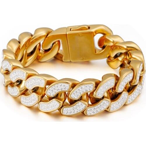 Best seller jewelry Gold Cuban Miami Chain Bracelet Solid Stainless steel Bangle Crystals drills 20mm 8.66 inch heavy huge