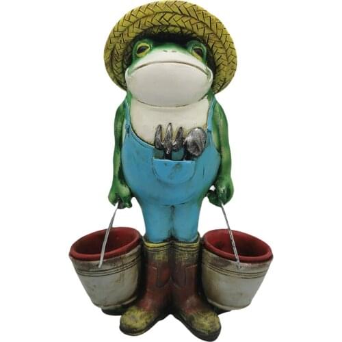 Exquisite Gardener Frog Statue With Bucket Resin Flower Pot Ornaments 20x14x10cm