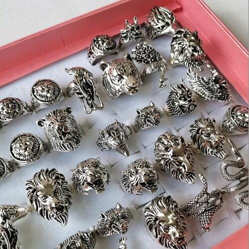 5Pcs Lot Bulk Wholesale Animal Ring For Men Women Vintage Nordic Lion Tiger Snake Wolf Head Jewelry Punk Rock Viking Biker Ring