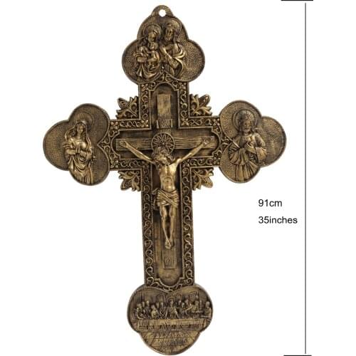 Hankroi 35 Inch Height Resin Cross Jesus Christ on INRI Cross Wall Crucifix Antique Gold Finish Home Chapel Decoration