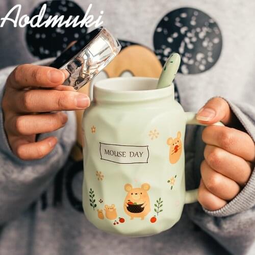 Cute Cartoon Ceramic Cups with Mirrored Cover 470Ml Large Capacity Milk Coffee Mug Children Water Cup Couple Drinking Mugs Gift