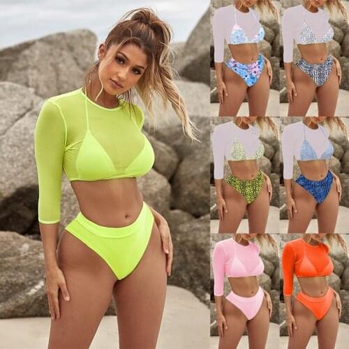 High Waist Bikini Swimming Suit for Women Split 3 Piece Set Sexy Long Sleeve Swimwear Sunscreen Surfing Hot Pink Swimsuit