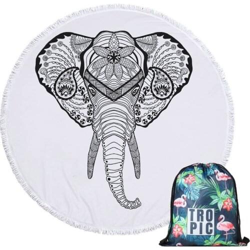 Elephant Summer Round Beach Towel Microfiber with Drawstring Backpack Bag Shower Towels Yoga Mat Blanket with Tassels Strandtuch