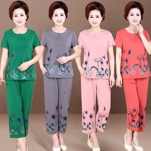 2021Summer Women Two-Piece Mother Summer Suit Elderly Female New Set Middle-Aged Elderly Printing Short-Sleeved Top Grandma A310