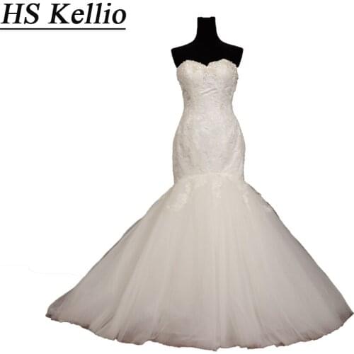 Sweetheart Beaded Neckline Mermaid Bridal Dress Plain Tulle Skirt Wedding Novia Big Train