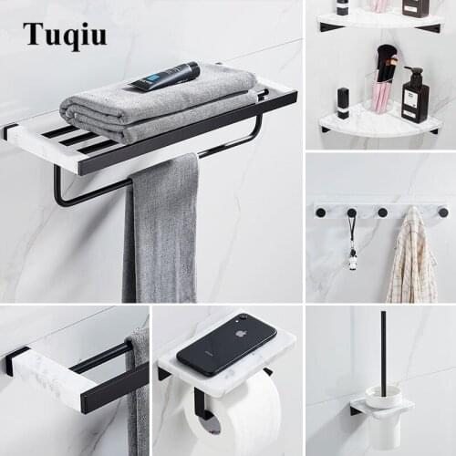 Bathroom Accessories Set Black Bathroom Shelf,Towel Rack,Towel Hanger Paper holder,Toilet Brush Holder Marble & Brass