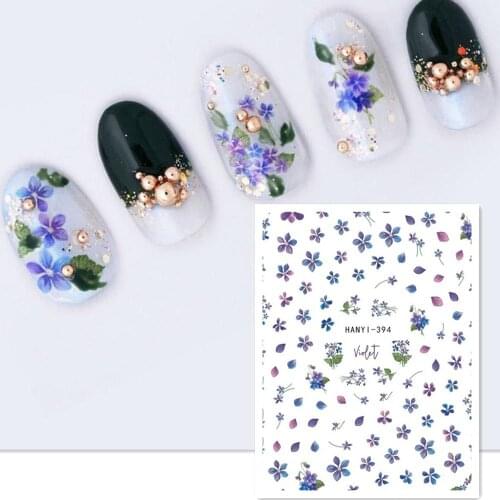 Newest HANYI 394 purple flower design 3D nail sticker decal back gule DIY nail manicure decoration wraps