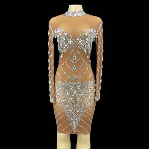 Sparkly Crystals Long Sleeve Mesh Perspective Dress Evening Party Dresses Birthday Costume Singer Performance Dance