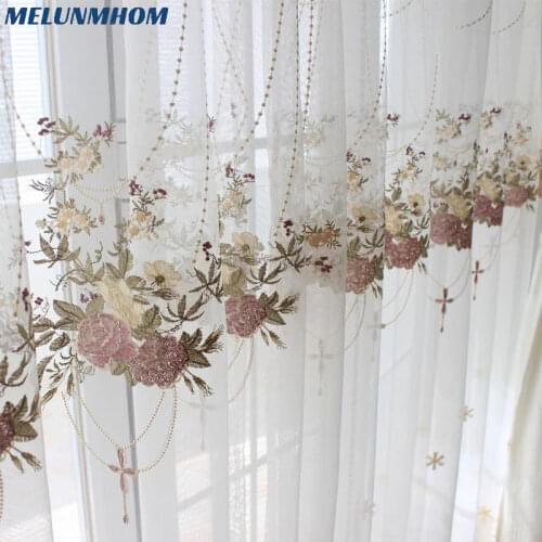 Romantic Purple Embroidered Tulle Curtains for Living Room Window Screen Pastoral Hanging Flower Sheer for Bedroom Balcony