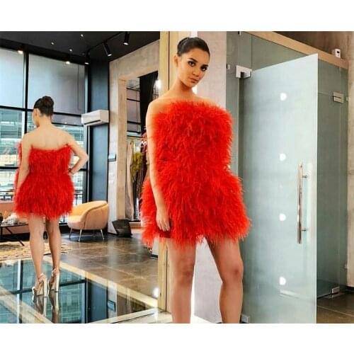 Luxury Feather Prom Dresses Strapless Sleeveless Short Evening Dress Custom Made Short Formal Occasion Dress Cocktail Party