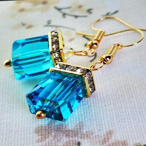 Bling Colour Crystal Cube Shape Long Earring Bridal Gold Color Drop Earrings for Women Fashion Wedding Jewelry Accessories Gift