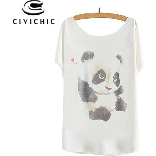 CIVI CHIC Summer Loose Tops Lovely Panda Print Women T-shirt O Neck One Size Tees Girl Cute Shirt Bat Sleeves Cotton Wear WST59