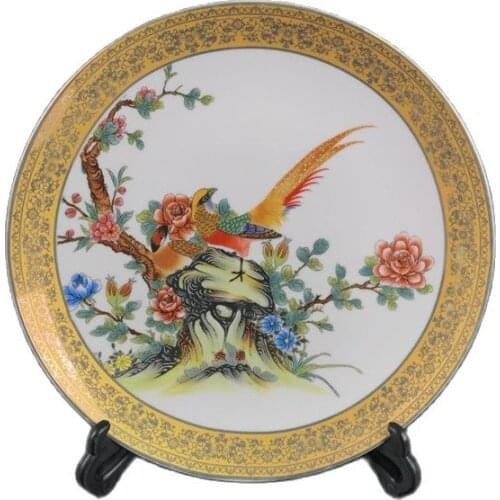 Chinese Old Porcelain Pink Flower And Bird Pattern Gold Edge Plate