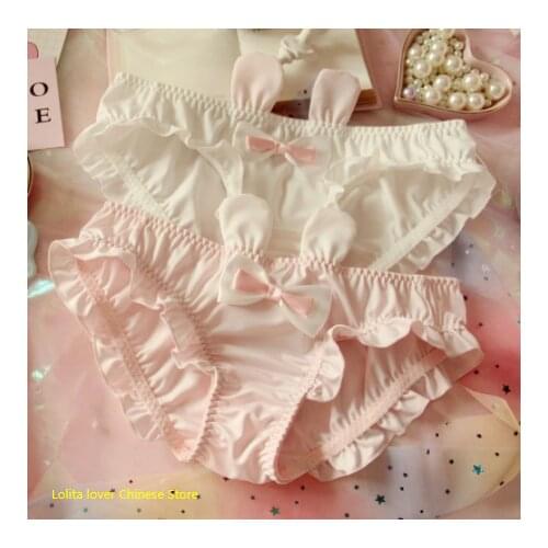Japanese Lovely Cute Kawaii Lolita Bunny Rabbits 3D Ears Bowknot Ruffle Panties Underwear Brief Sexy Lingeries 2Colors