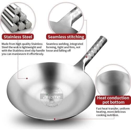 Stainless Steel Wok 1.8mm Thick High Quality Chinese Handmade Wok Traditional Non Stick Rusting Gas Wok Cooker Pan Cooking