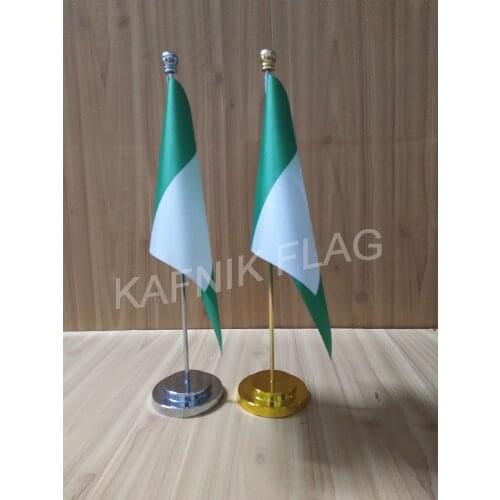 KAFNIK,Nigeria Office table desk flag with gold or silver metal flagpole base 14*21cm country flag free shipping