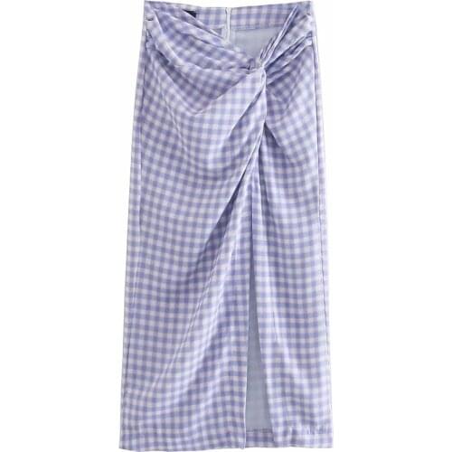 2021 New Summer Women Plaid Vintage Streetwear Casual Skirt Female Casual Elegant Split Slim Hight Waist Midi Skirt